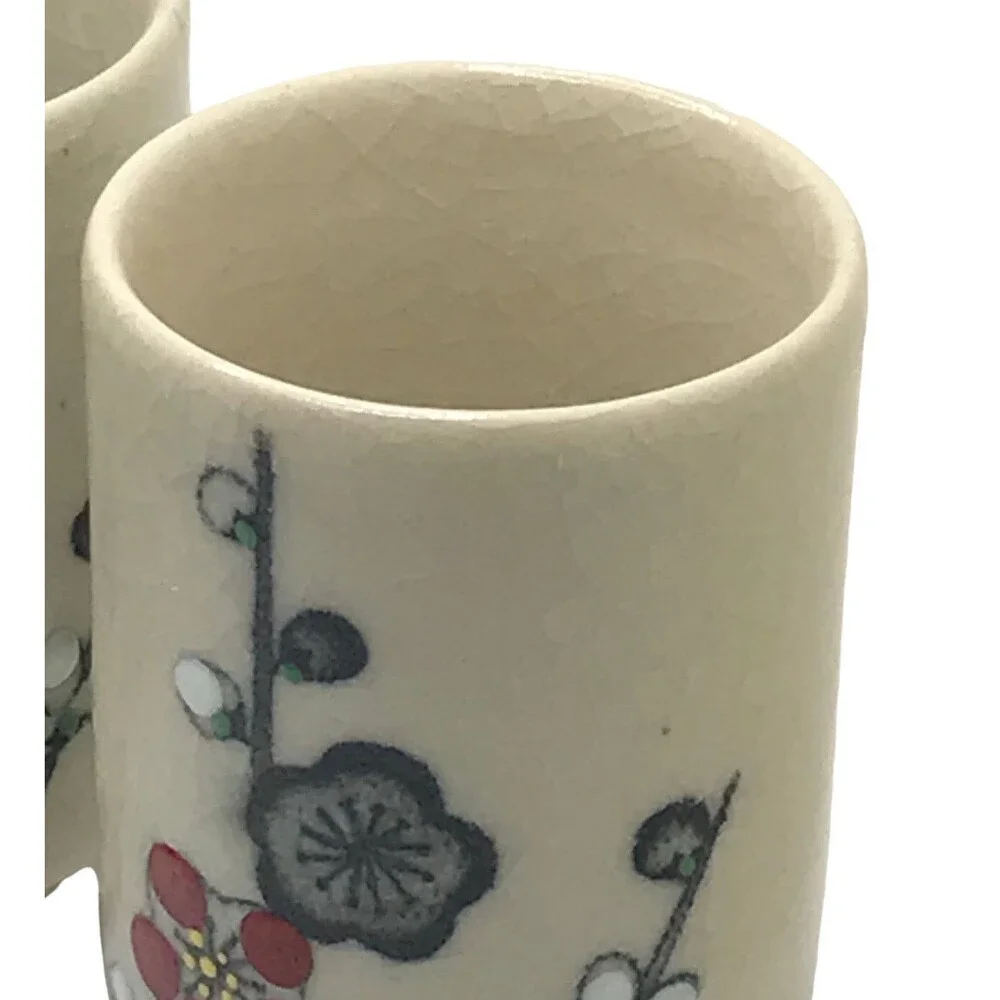 Japanese Sake Cups Set of Four from Japan 3.5” Flower Red Gray White Black